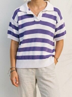 VTG Crystal Kobe 90s Block Stripe Knit Polo Sweater L Purple White Grandpa Core